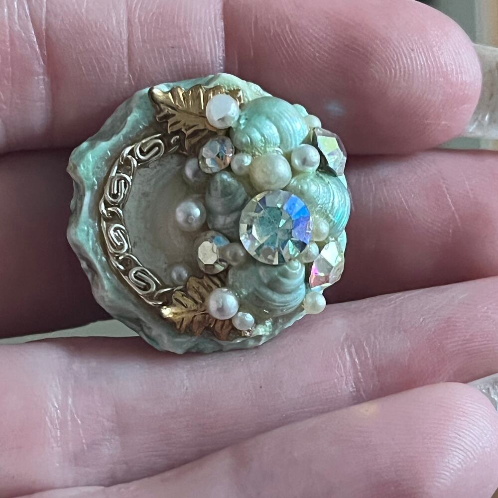 Vintage OOAK Mid-Century Ocean Mermaid Iridescent Shell Clip on Earrings